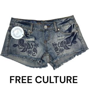 Free Culture Women Denim Shortie Shorts Embroidered Paisley Fringe Hem Blue Sz 3